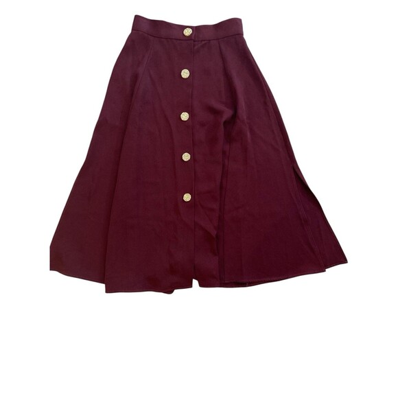 Uterqüe Burgundy A-Line Midi Skirt Gold Buttons High Waist Sz M 28 Vintage Style - Picture 4 of 9